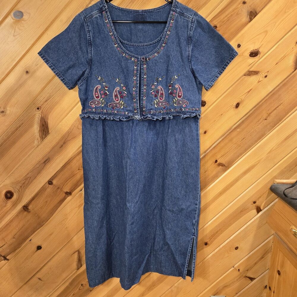 Vintage 90s Cottagecore Peasant Denim Paisley Floral Embroidered Midi Dress Sz M